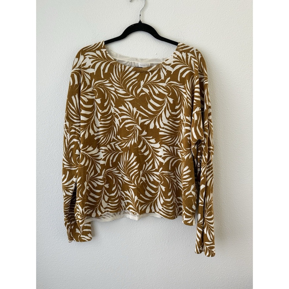 Garnet Hill Mustard and White Leaf-Print Long-Sleeve Sweater